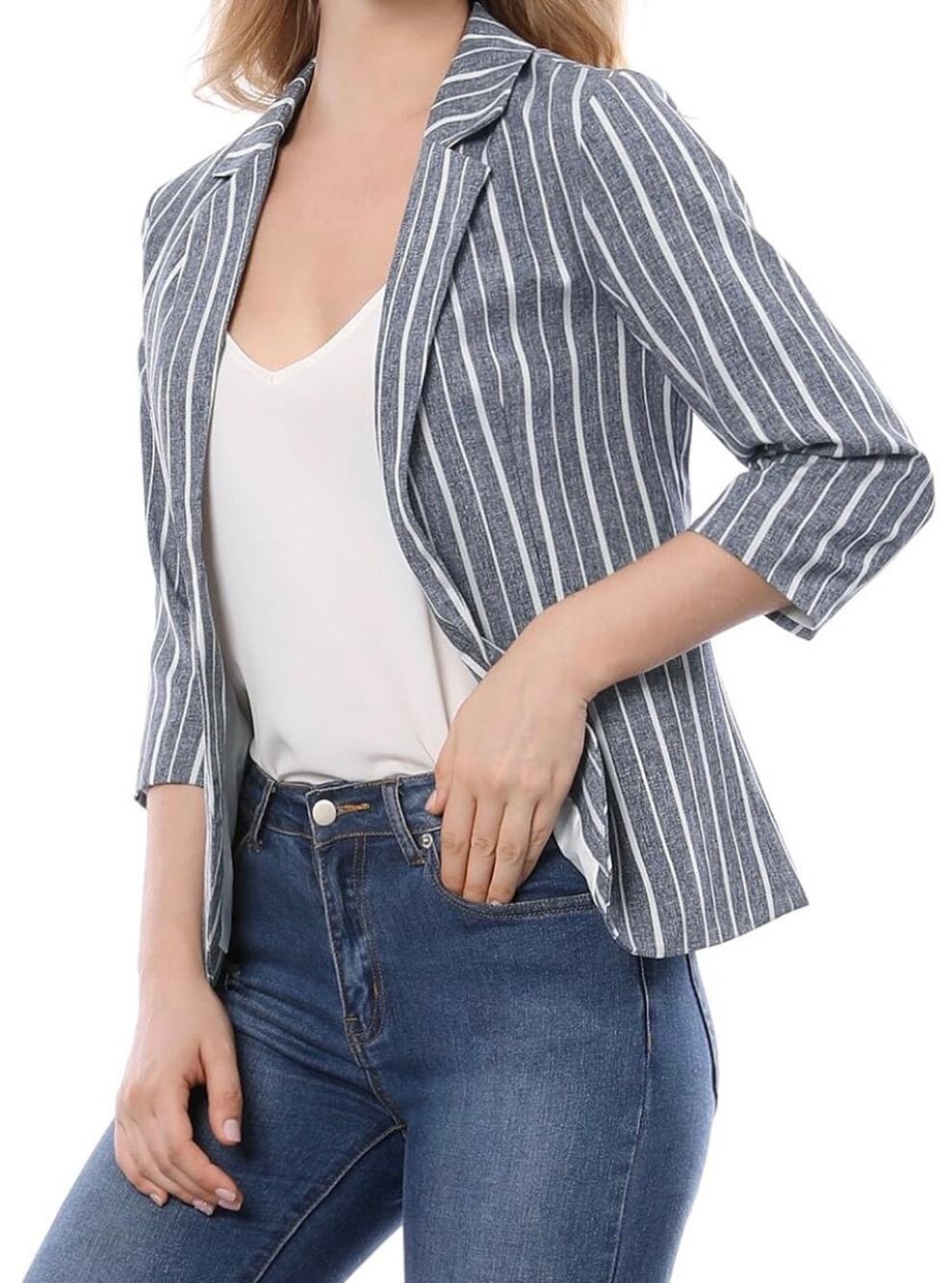 Allegra K S Casual Striped Blazer Lined Thin Gray White 3/4 Sleeve NWOT $34.99 - Picture 1 of 7